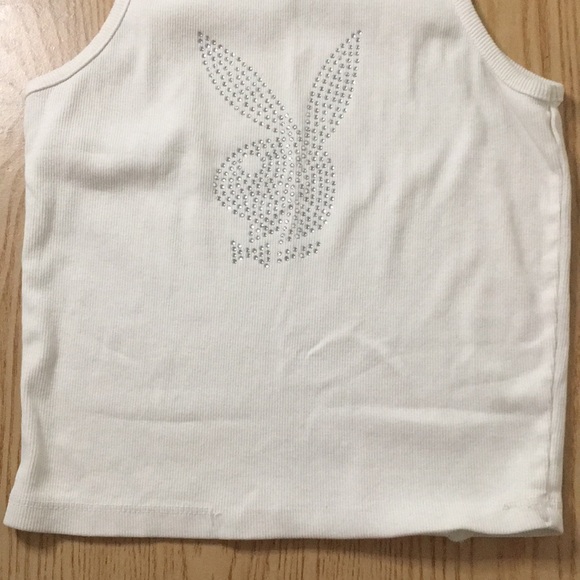B60 Womens Rhinestones Playboy Bunny🐰Ribbed Tank Crop Top Off White Size Medium - Picture 2 of 6